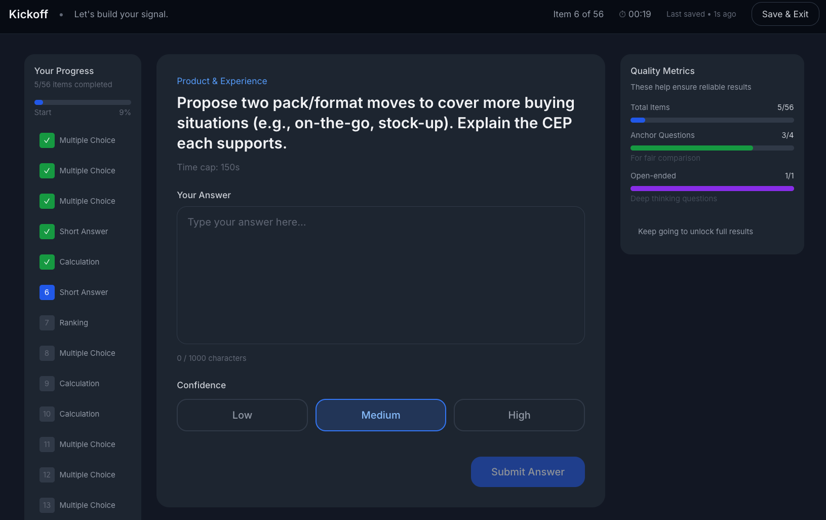 Assessment interface with various question types and progress tracking