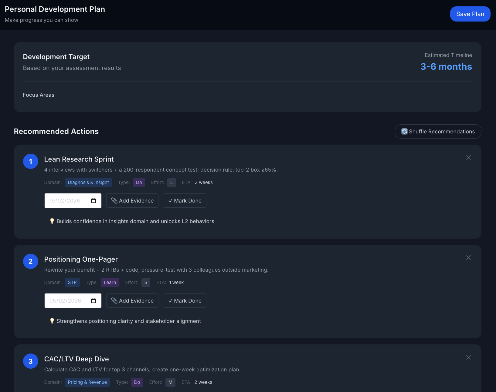 Personal Development Plan with recommended actions and timeline